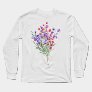 Floral Shirt, Red Berry Levander Flower T Shirt Long Sleeve T-Shirt